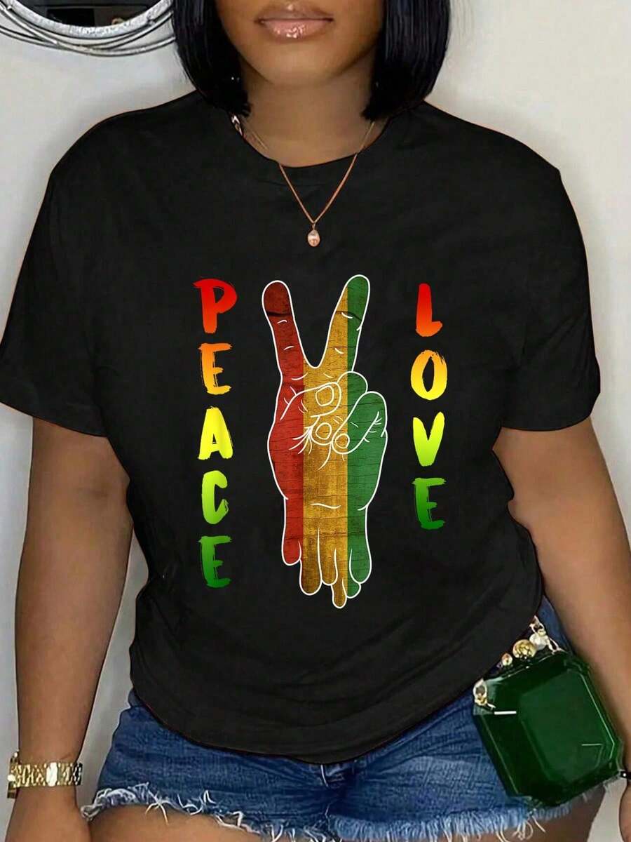 Women's Summer Short Sleeve T-Shirt, Plus Size, Y2K Style, 100% Cotton, Reggae, Good Vibes Only Jamaica One Love Rast A, For Women And Men, Loose Fit, Comfortable And Soft - 黑色 6 - 查看 1