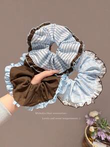 1/3 Pcs Elegant Blue Striped Scrunchie, Oversized Scrunchie, Floral Lace Low Ponytail Accessory – Versatile Hair Accessory Hair Ties Elastics Rubber Bands - Multicolor - View 13
