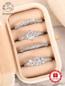 4pcs Cubic Zirconia Stone Ring Set With Gift Box, Suitable For Women, Applicable For Wedding, Engagement, Anniversary Party, Jewelry Valentine's Day Gift - 1# - View 8