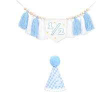 1 Set 1/2 Birthday Plaid Hat Daisy High Chair Banner Set, Suitable For 6 Months Old Boy/Girl Birthday Decoration, Sweet Cake Smash Photo Props (Blue/Pink) - Multicolor - View 12