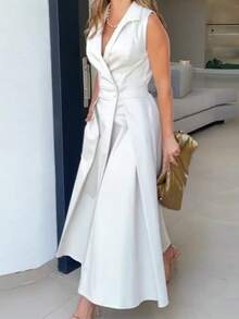 Sleeveless, Solid-Color Maxi Dress With V-Neck And Pleated Lapel, Elegant, New European And American Autumn 2026 Collection - 白色 - 查看 1