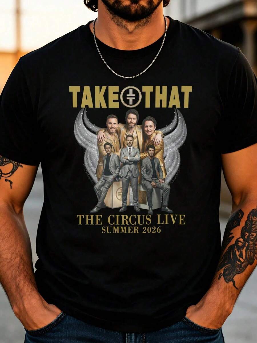 Unisex Oversized Take That 2026 Tour Tee In Fluorescent Hues.Cute Crewneck Design, Y2K Streetwear For Off-Campus And Casual Looks. - Black - View 1
