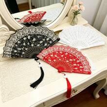 An Elegant Lace Hand Fan, With A Retro Style And Fringes, Suitable For Brides, Graduation Dances And Special Events - Small Rose Folding Fan - View 2