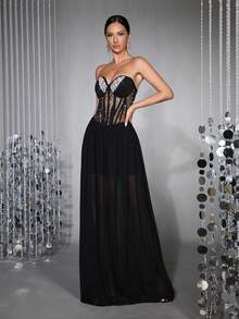 New Sexy Women's Handmade Pearl & Rhinestone Embellished Sheer Mesh Patchwork Off-Shoulder Sleeveless Backless 100-Pleat Maxi Dress - Black - View 9