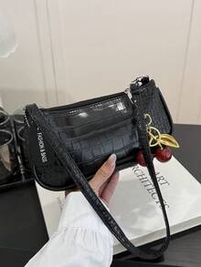 鱷魚壓紋韓系女款手提包，時尚新款單肩包，極簡半月形托特包，上班通勤用 - 黑色 - 查看 6
