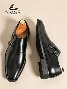 Salkin 复古设计师男士僧侣搭扣尖头一脚蹬乐福鞋，优雅绅士正装鞋，适合中年人、年轻人、学生、返校季、毕业典礼、办公室、商务场合、派对、婚礼、新郎、春夏秋季穿着，尺码齐全。 - 黑色 - 查看 11
