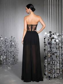 New Sexy Women's Handmade Pearl & Rhinestone Embellished Sheer Mesh Patchwork Off-Shoulder Sleeveless Backless 100-Pleat Maxi Dress - Black - View 10