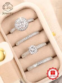 4pcs Cubic Zirconia Stone Rings Set With Gift Box, Suitable For Women, Applicable For Wedding, Engagement, Anniversary Party, Jewelry Valentine's Day Gift And More - 1# - View 1