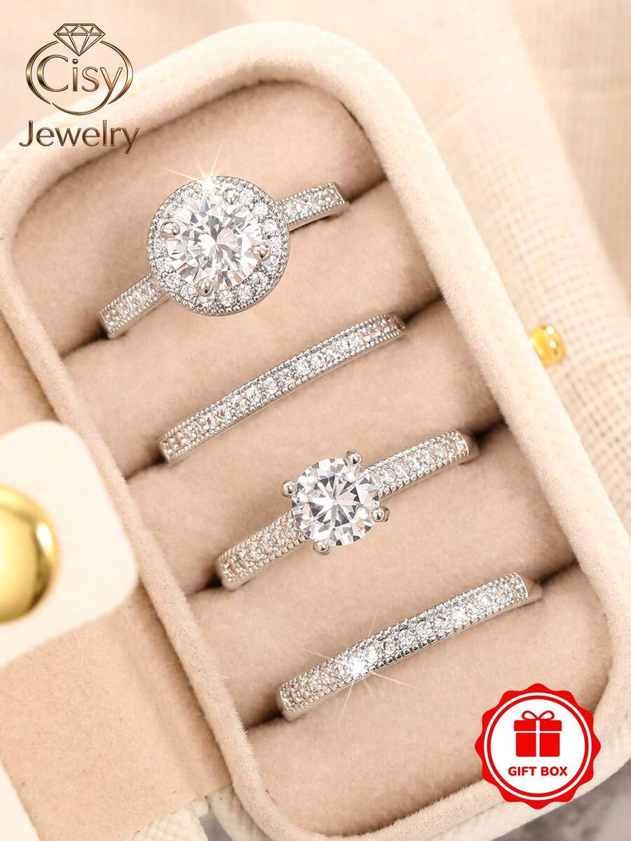 4pcs Cubic Zirconia Stone Rings Set With Gift Box, Suitable For Women, Applicable For Wedding, Engagement, Anniversary Party, Jewelry Valentine's Day Gift And More - 1# - View 1