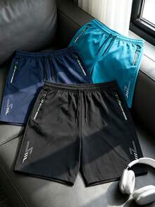 Pantalones cortos de running para hombre, pantalones cortos deportivos de entrenamiento con cordón elástico de secado rápido y bolsillos con cremallera, pantalones cortos deportivos transpirables para entrenamiento, set individual - Negro - Ver 3