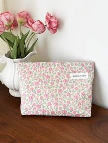 AGG Fresh Pink Floral Large Makeup Bag For Women, Inner Bag, Portable Travel Toiletry Bag, Handbag, Multi-Functional Skincare Storage Bag, Sanitary Pad Storage Bag, Gift For Mom/Girlfriend, Student Pencil Case - Multicolor - View 2