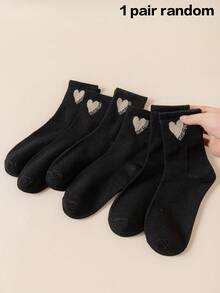 1/6 Pairs Women's Black Mid-Calf Socks, Comfortable Casual Minimalist Versatile For Daily Use - Black - View 6