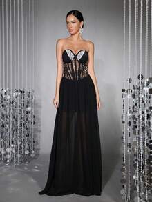 New Sexy Women's Handmade Pearl & Rhinestone Embellished Sheer Mesh Patchwork Off-Shoulder Sleeveless Backless 100-Pleat Maxi Dress - Black - View 2