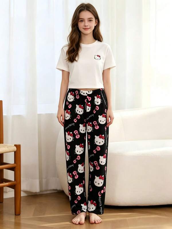  1pc Hello Kitty Cute Cartoon Flannel Pants, Fleece Lined Warm Winter Essential Lounge Pants For Teen Girls