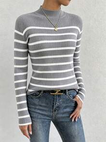 Women's Burgundy And White Striped Knit Sweater, Mid-High Neck, Elegant Office Style, Suitable For Office Occasions, Pairing With Coats, Everyday Wear, Dates - 灰色 - 查看 2