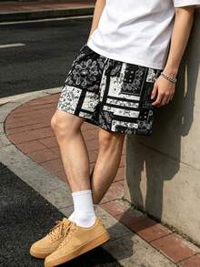 男士復斯克印花休閒短褲 - 輕量抽繩短褲，適合街頭穿搭、節慶及日常運動穿著 - 黑色 - 查看 7