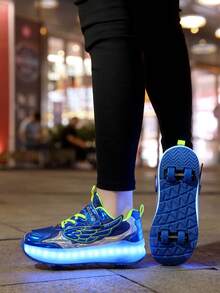 中性 LED 充電發光鞋，兒童滾輪溜冰鞋，多功能可變形直排溜冰鞋，適合四季，附可拆卸輪子，適合戶外與運動溜冰 - 藍色 - 查看 8