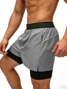 Grey & Black 2-In-1 Quick-Dry Sports Shorts, Outer Layer Ice-Cool Quick-Dry Fabric, Split Hem Enhances Freedom Of Movement. Summer - Grey - View 6