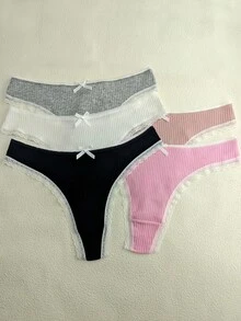 5入女款多彩螺紋蕾絲飾邊可愛蝴蝶結性感丁字褲 - 彩色 - 查看 4
