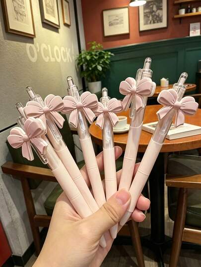 5 cây bút bi trung tính rút nơ hồng, bút dễ thương trang trí nơ, mực đen 0.5mm, văn phòng phẩm nữ sinh