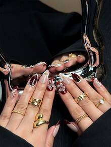 10pcs Handmade Acrylic Press-On Nails, Brown Almond Shape, French Style Design With Floral Elements, Suitable For Women's Daily Wear - 棕色 - 查看 2