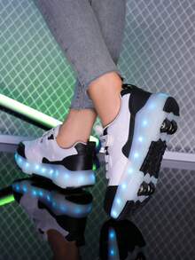 Unisex LED Rechargeable Light-Up Shoes, Children's Roller Skates, Multi-Function Transformable Roller Shoes, Suitable For All Seasons, With Detachable Wheels, Ideal For Outdoor And Sports Skating - Black - View 5