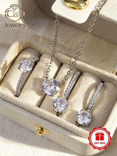 4pcs Cubic Zirconia Jewelry Set - Ring, Necklace, Earrings, Comes In Gift Box, Designed For Women, Suitable For Wedding, Engagement, Anniversary, Party, Valentine's Day Gift