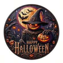 復古鄉村風圓形木製萬聖節吊掛裝飾牌，女巫帽與南瓜設計，Happy Halloween 居家、派對、門口牆面裝飾 - A - 查看 8