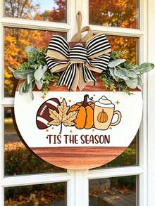 3D Rustic Wooden Autumn Football Season & Halloween Door Hanging Round Wreath Sign, Autumn Decor, Perfect For Porch Decoration, Home Indoor Seasonal Decor, Holiday Decor Wreath, Perfect Autumn Home Decor - Multicolor - View 1