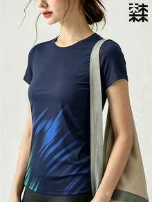 mulinsen 女款快乾 T-shirt，冰絲圓領短袖，彈性吸汗快乾運動上衣，跑步快乾上衣 - 藏蓝色 - 查看 2
