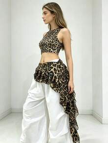 1pc Y2K Leopard Print Ruffle Waist Scarf, Chiffon Asymmetric Layered Hem Cover, Women's Versatile Street Style Waist Scarf - Leopard Print - View 4