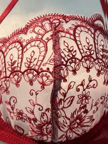2pcs Set Bra Wanita Klasik Hitam dengan Bordir Pita, Semi-Transparan, dan Tali Bahu yang Dapat Diatur - Merah - View 4