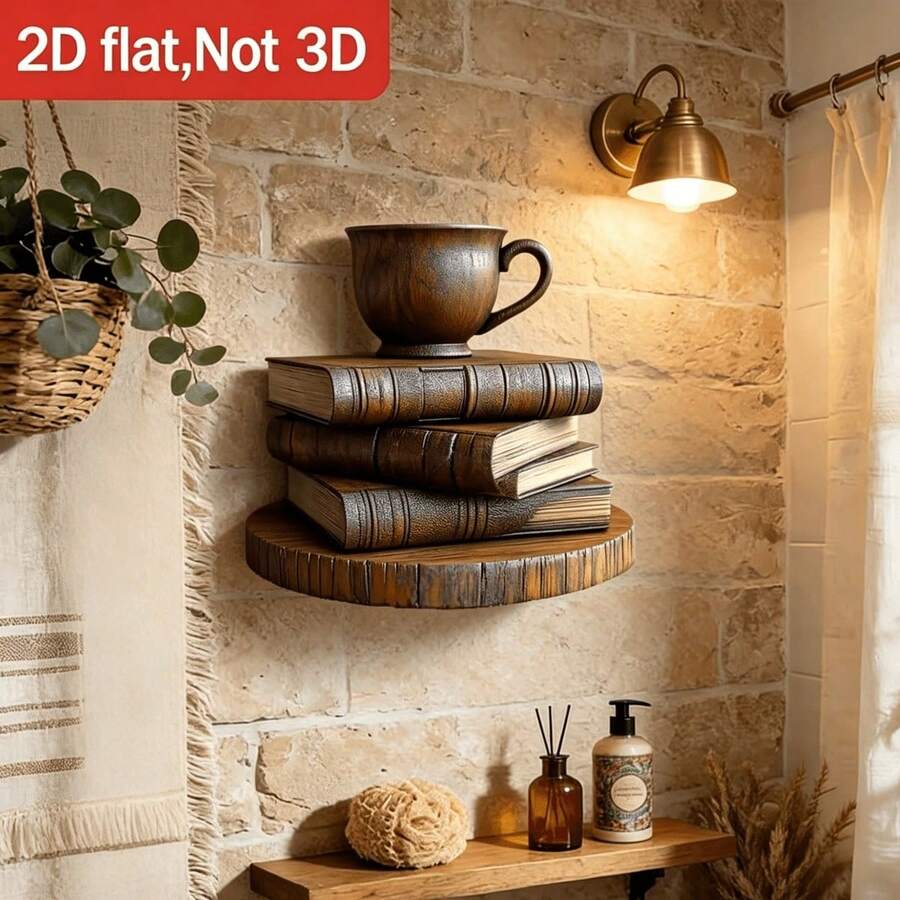 Cross-Border Hot-Selling Vintage Distressed Book & Coffee Cup Wall Hanging Decor, American Country Style Wooden Entryway Ornament