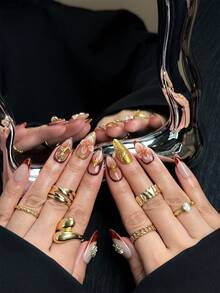 10 piezas de pegatinas de uñas prensadas de estilo francés con estampado de leopardo hechas a mano, arte de uñas dorado, uñas acrílicas prensadas de color marrón, adecuadas para el uso diario de las mujeres - Marrón - Ver 2