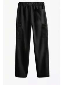 Pantalones de hombre unicolor con cordón y cintura elástica mate, pantalones mate con múltiples bolsillos elásticos - Negro - Ver 2