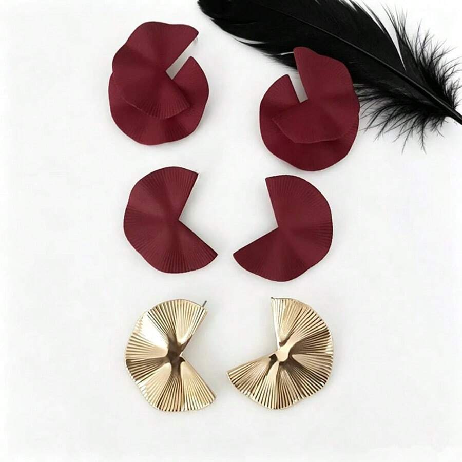 6 Stücke Set Damen Ohrstecker im europäischen und amerikanischen Stil, minimalistisch, geometrisch, hochwertig, glänzend, fächerförmig - Bordeaux - Übersicht 1