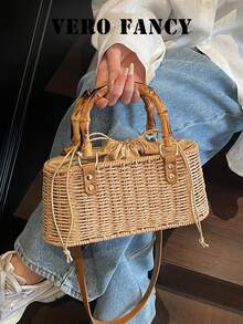 Minimalist Solid Color Straw Woven Bag, Niche Design Premium Texture Handbag, Versatile Popular Retro Crossbody Bag, Suitable For Vacation - Khaki - View 2