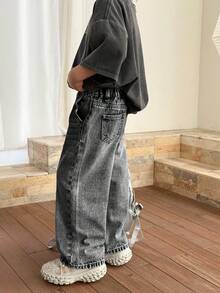 Boys' Fashion Stone Washed Casual Wide Leg Loose Black Denim Jeans - Black - View 3