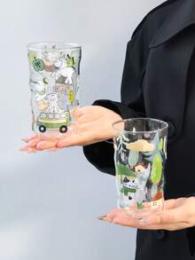1個春季小/大號玻璃杯，韓系可愛Ins風高溫烘花手持玻璃杯，貓/狗/多色圖案，適合夏季冷萃、抹茶椰奶 - 彩色 - 查看 7