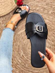 Women's Fashion PU Leather Buckle Slip-On Beach Sandals, Spring/Summer New Plus Size Slip-On Black Flat Slide Sandals - Black - View 1