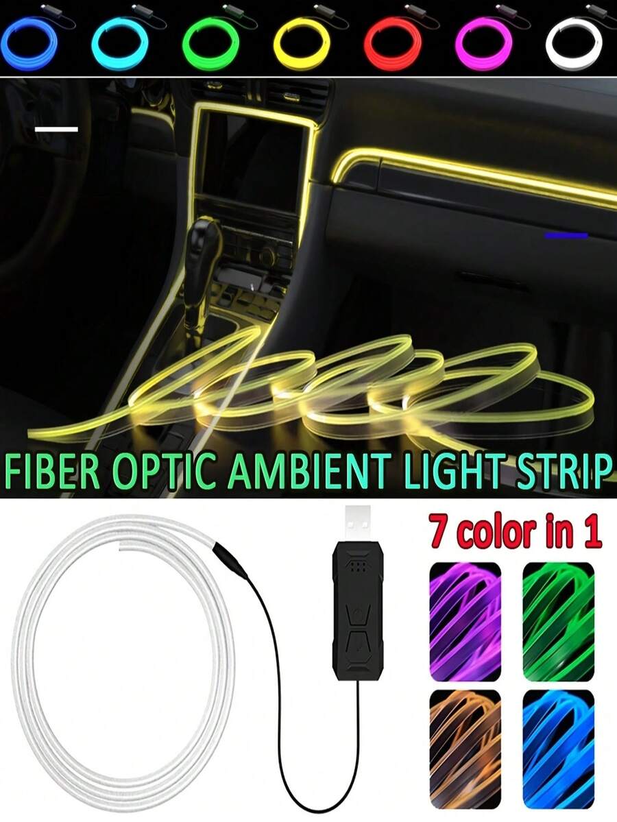 1套7色RGB變色汽車氛圍LED燈條，USB光纖氛圍燈，霓虹內飾中控台裝飾燈，派對DIY裝飾儀表板中控台氛圍冷光燈