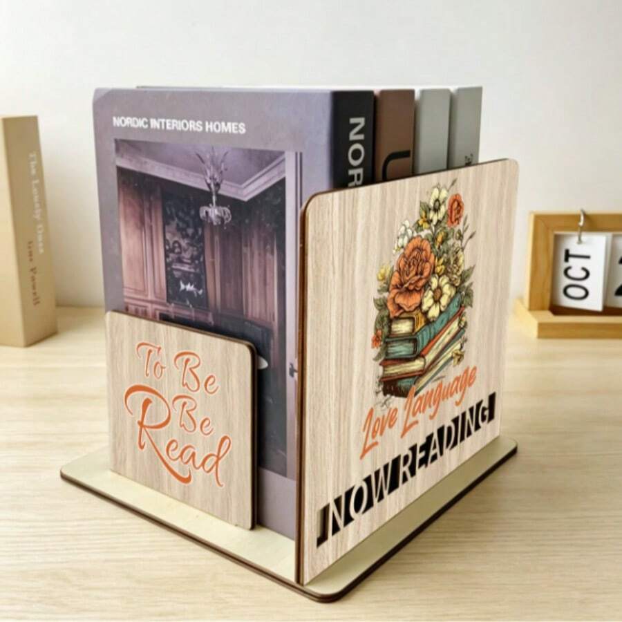 Natural Wooden Floral Art Bookend "Language Of Love" Quote Desktop Storage Rack Rustic Style Bedside Book Organizer Book Lover Gift - Champagne - View 1