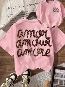 Women's Casual Short Sleeve Crew Neck T-Shirt With Leopard Print "More Love", Autumn, Back To School, Summer Clothing - 淡粉紅色 - 查看 1