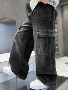 Teen Boy Casual Fashion Loose Wide Leg Cargo Denim Jeans - Black - View 6