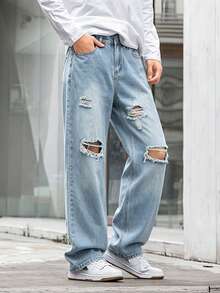 Jeans rectos holgados con lavado claro y desgastados para hombre - Lavado ligero - Ver 4