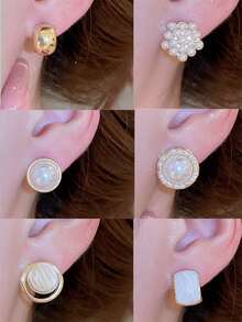 12pcs Fashion Personalized Pearl Geometric Round Stud Earrings, Sweet Romantic Multi-Style Earrings For Women And Girls, Party, Banquet, Travel, Vacation, Birthday Gift, Accessory Jewelry - Gold - View 2