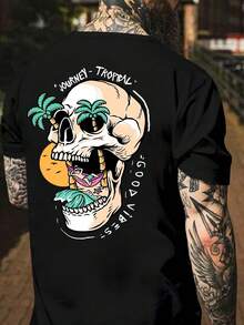 Men's 100% Cotton T-Shirt (180g) - Tropical Skull Design, Regular Fit, Casual Summer Sporty Style, Ideal For Outdoor Activities, Breathable Crew Neck - 黑色 - 查看 1