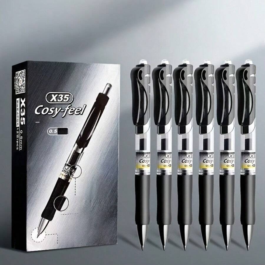 12 Black Gel Pens, Designed For Office And Student Use - 0.5mm Quick-Dry Smooth Writing With A Soft Grip Design, Quick-Dry Ink, Soft Grip Handle, Ergonomic Pen Design, Ideal For Note-Taking And Writing, Perfect Office And Study Supplies - 12pcs(2pcs Pen+10pcs Pen Core) - View 1