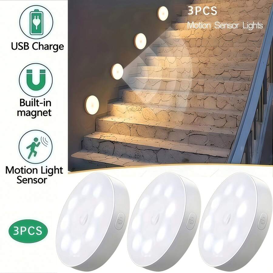 1/3/6PCS 8LED Wireless Sensor Night Light, USB Charging Intelligent Sensing Wall Light, With On/Off Function, Very Suitable For Lighting In Kitchens, Bedrooms, Living Rooms, Stairs, Corridors, Bathrooms, Dormitories And Other Places