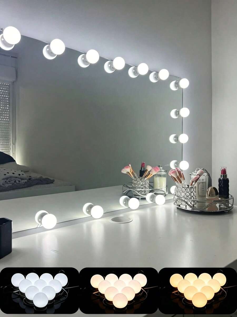 Mehrspezifikations 3-Farben USB Schminkspiegel Glühbirne, LED Make-up Licht mit drehbarer Kabelaufbewahrung, dimmbar und farbanpassbar, Schminktisch Glühbirne 4LED/6LED/8LED/10LED/12LED/14LED/16LED - Dreifarbig verstellbares Licht - Übersicht 1